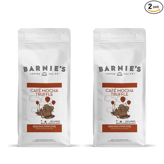 Barnie's Cafì±?Mocha Truffle Ground Coffee, Decadent and Rich Chocolate Flavor, Medium Roasted Arabica Coffee Beans, Sugar Free and Nut Free, 12 oz Bag (Pack of 2)
