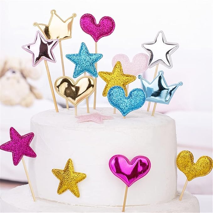 100Pcs Cupcake Toppers Heart Star and Crown Cupcake Toppers Mini Cake Toppers Colorful Cake Decorations DIY Dessert Fruits Picks Party Decorative Accessories (Mixed Color 1)