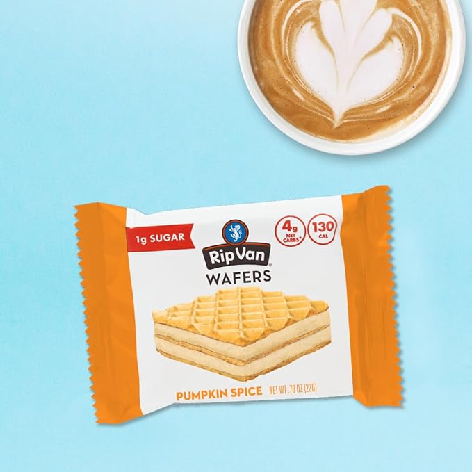 Rip Van Pumpkin Spice Keto Wafer Cookies, Healthy Vegan Snack, Non-GMO, Low Carb, Low Sugar (1g), Low Calorie, 16 Count