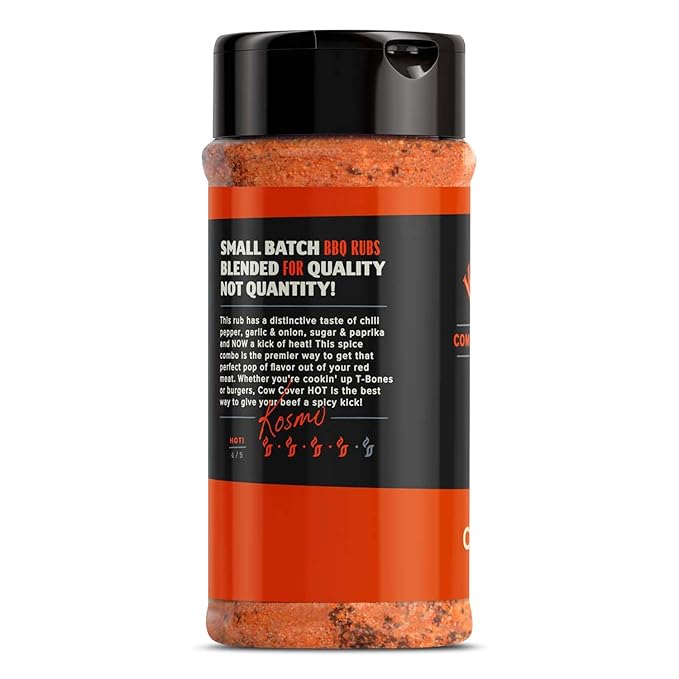 Kosmos Q Cow Cover HOT BBQ Rub, Savory & Spicy Meat Seasoning with Chili Pepper, Garlic, Onion, Paprika & Hickory Smoke, Steak Rub and Dry Rub for Brisket, Burgers, Ribs & More, 10.5 Oz Shaker Bottle