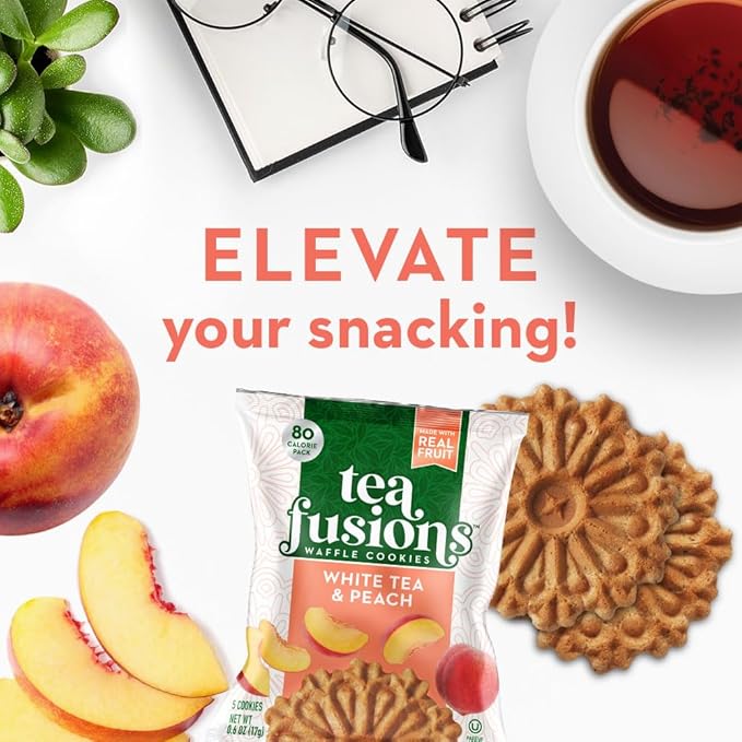 Reko Tea Fusions Waffle Cookies, White Tea & Peach - Individually Wrapped Single Serve Snack Packs - Thin Italian Pizzelles with No Artificial Flavors or Colors - 5 Cookies per Pack, Box of 12