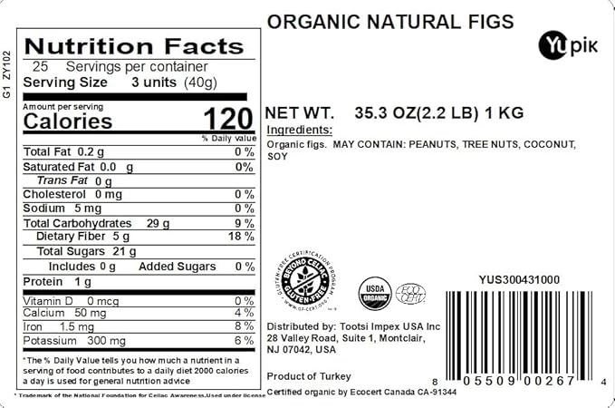 Yupik Organic Natural Figs, 2.2 lb (35.2 oz), Gluten-Free, Non-GMO, Vegan, Whole Dried Fruits, Naturally Sweet, No Sulphites, No Added Sugar, Good Source of Fiber, Healthy Snacks, Ideal for Baking