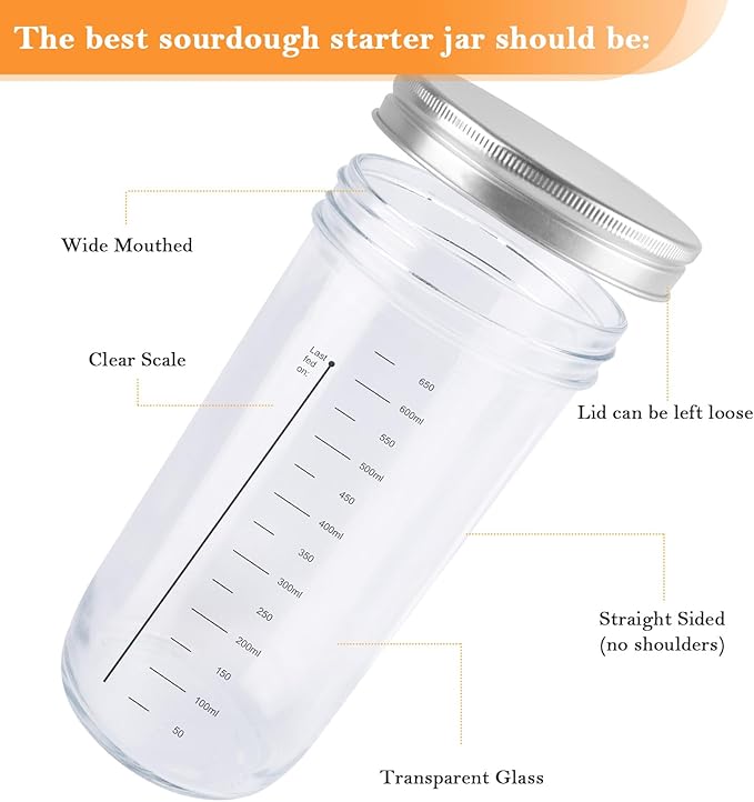 Sourdough Starter Jar, Sourdough Starter Kit With Thermometer, Scraper, Cloth Cover And Metal Lid, 24 Oz Wide Mouth Sour Dough Starter Container Use For Sourdough Bread Baking Supplies(Orange)