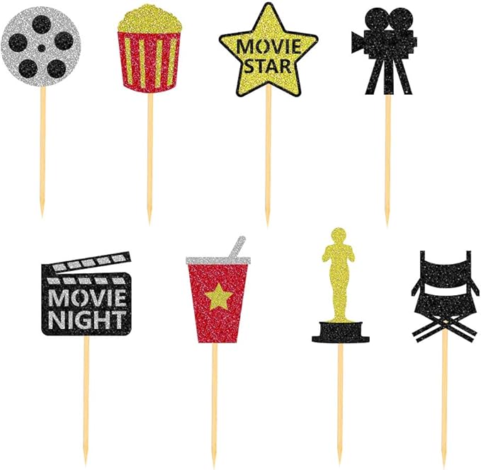 Theater Cupcake Toppers Cake Decoration for Birthday Movie Night Party Supplies Food Pick - Set of 24
