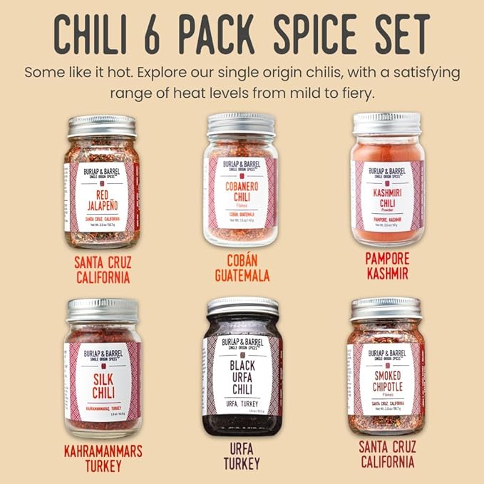 Burlap & Barrel Chili 6-Pack Gift Set- As Seen on Shark Tank! 6 of Our Favorite Chilis From Around the World- Includes Mild, Medium & Hot Chilis - 6 Full Size Jars