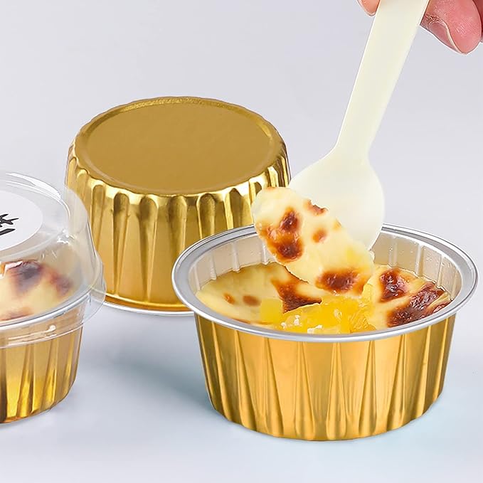 50 Pack Baking Cups with Lids, 5oz Aluminum Foil Cupcake Cups Muffin Liners, Disposable Foil Ramekins, Cupcake Holders Dessert Containers Mini Pudding Cups for Birthday, Christmas (Gold)
