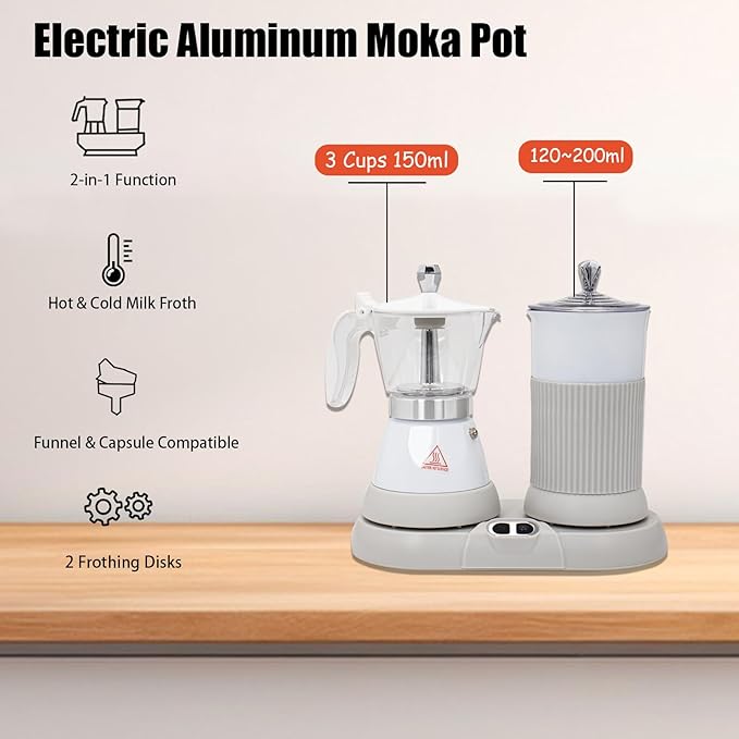 Espresso Maker with Milk Frother Electric Moka Pot 2-in-1 Espress Machine Aluminium One-Touch Operation Milk Froth Fine and Dense White 110V