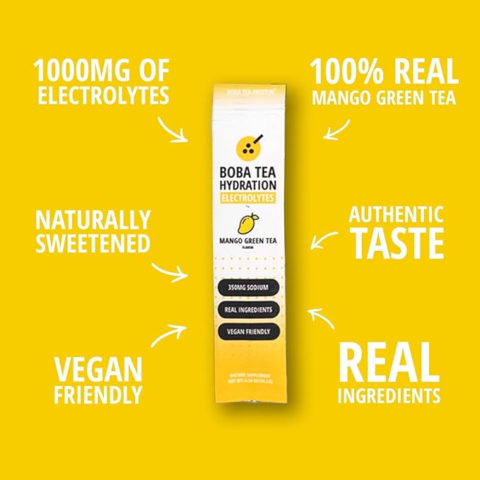 Boba Tea Hydration | Electrolyte Powder Drink Mix | Mango Green Tea | 1000mg Electrolytes, Vitamin C | 16 Stick Packets