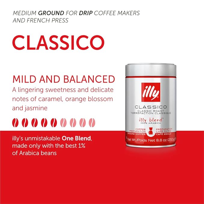 illy Drip Coffee - Ground Coffee - 100% Arabica Ground Coffee ??Classico Medium Roast - Notes of Caramel, Orange Blossom & Jasmine - No Preservatives ??Mild & Balanced ??4.4 Ounce