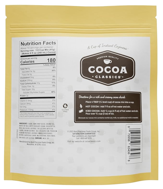 Cocoa Classics Arctic White Cocoa Mix, Hot Chocolate, Made with Nonfat Milk, Just Add Hot Water, Make Hot or Iced Cocoa, Gluten Free, 14.8 oz Pouch (Pack of 1)