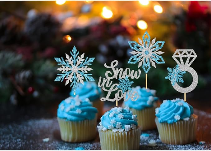 24PCS Snow in Love Cupcake Toppers for Winter Snowflake Decorations, Frozen Snowflake Love Cake Toppe for Bridal Shower Party Decorations (Love A)