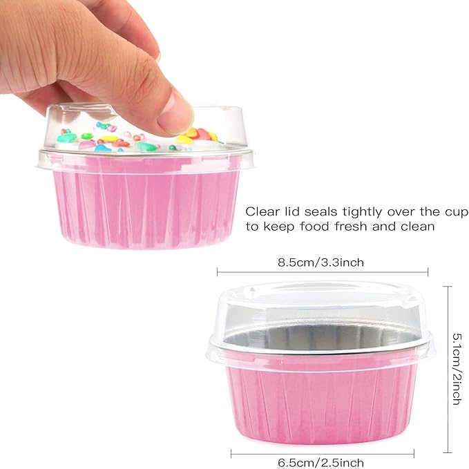Lainrrew 50 Pack Pink Aluminum Foil Baking Cups with Lids, Disposable, Round, Perfect for Birthday, Wedding, Christmas & Other Occasions