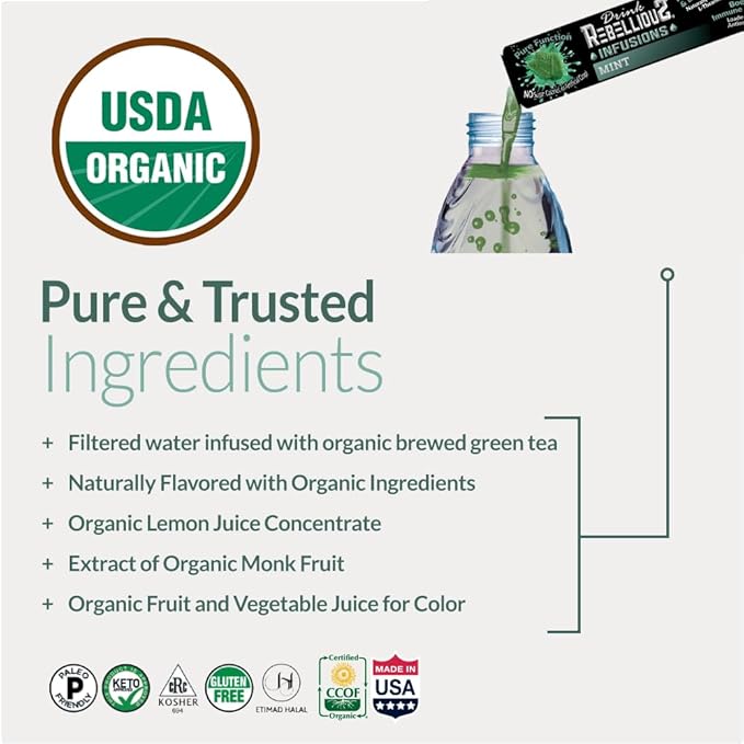 Rebellious Mint Organic Drink Mix ??Organic Zero Calorie Energy Drink Mix | Monk Fruit & Green Tea Extract | L-Theanine + Natural Caffeine | 100% Plant-Based | Pack of 10 | Keto, Kosher, Gluten-Free
