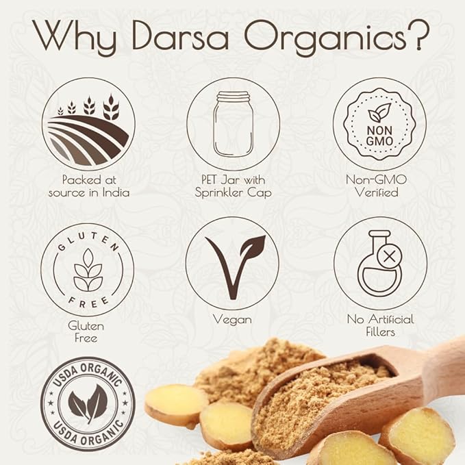 Darsa Organics Ginger Powder - 3.5 oz, Premium USDA Organic Certified Ground Ginger Root Powder from India, Aromatic & Flavorful, Perfect for Tea, Curries, Juices, Seasonings, Non-GMO, Gluten-Free