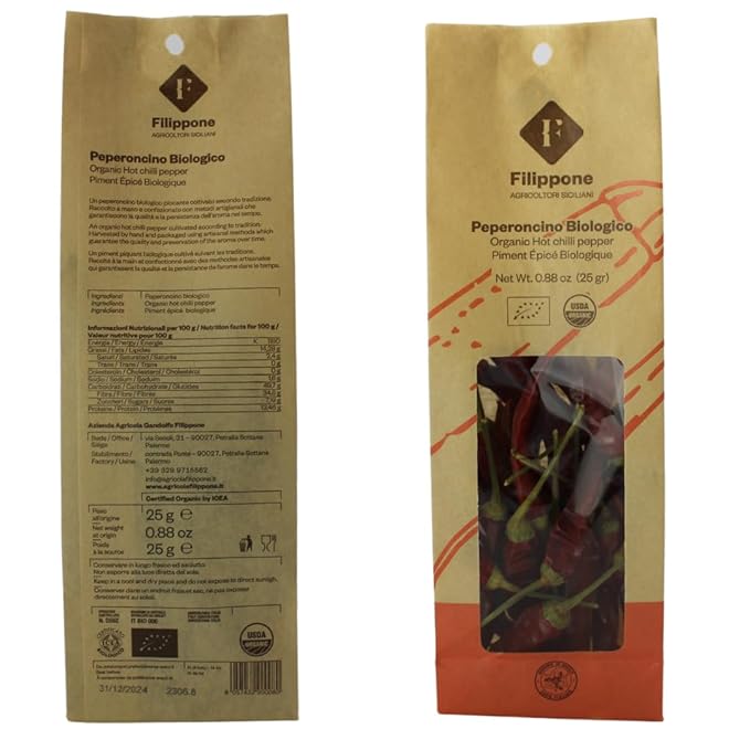 FILIPPONE - Organic Whole Dried Chili Peppers, on Stem, 25 g (0.88 oz), Spicy Sicilian Pepperoncino with Intense Aroma and flavor, Decoration, Cooking, Certified USDA Organic