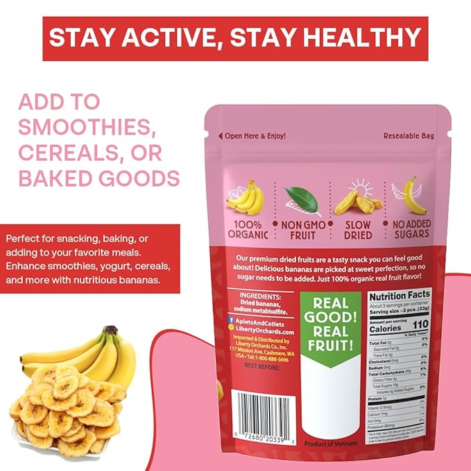 Liberty Orchard Organic Whole Dried Banana - Naturally Sweetened Dried Fruit Snack for Healthy Digestion & Busy Lifestyles - Delicious 6 Fresh Bananas in Each Bag - 5 Pack