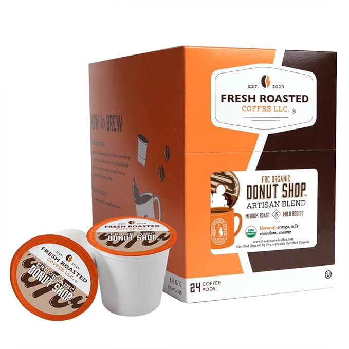 Fresh Roasted Coffee, Organic Donut Shop | USDA Organic, Kosher | Medium Roast 24 Pods for K-Cup Brewers