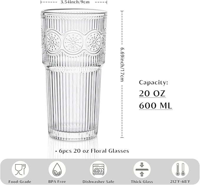 INSETLAN 20oz Ribbed & Floral Glasses Drinking Set of 6- Clear Glass Tumbler, Reusable Glass Cups for Iced Coffee, Water, Beer, Smoothies, Tea, and Juice ??Perfect for Party and Daily Use