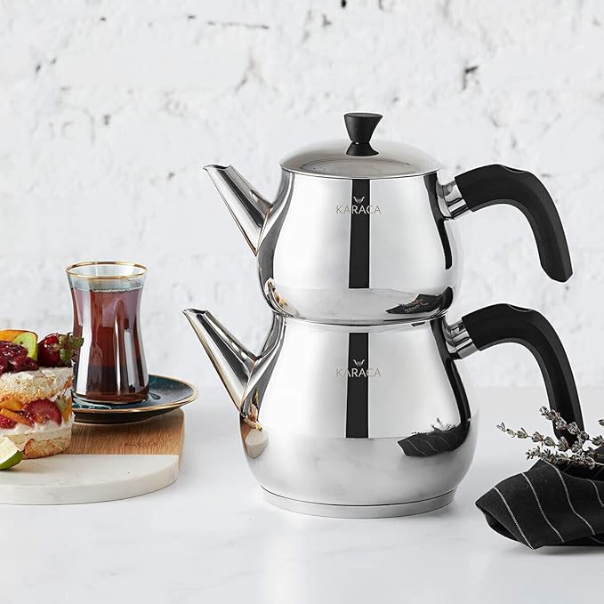 Karaca Kayra Teapot Set, Stainless Steel, Tea Pot 33 oz, Kettle 59 oz, Black Silver, Suitable for Induction, Tea Maker, Kettle, Turkish Tea Kettle