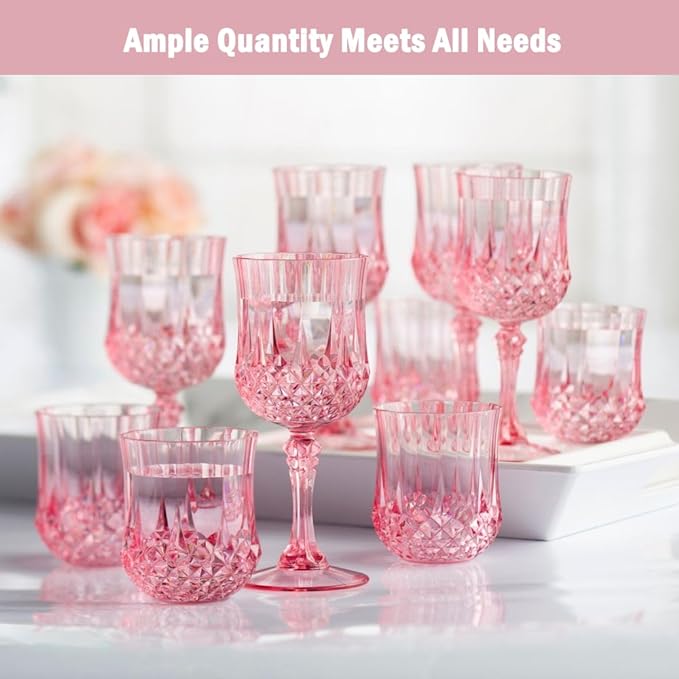 Plastic Wine Glasses,Plastic Goblets Vintage Style Cordial Drinking Glasses for Wedding Reception, Grand Event Party Supplies (24, Pink)