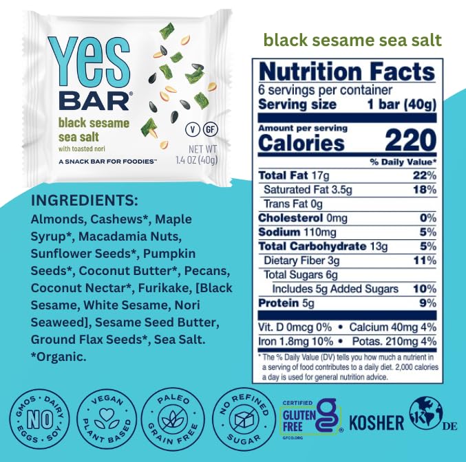 The YES Bar ??Black Sesame Sea Salt ??Plant Based Protein, Decadent Snack Bar ??Vegan, Paleo, Gluten Free, Dairy Free, Low Sugar, Healthy Snack, Breakfast, Low Carb, Keto Friendly (24 Count)
