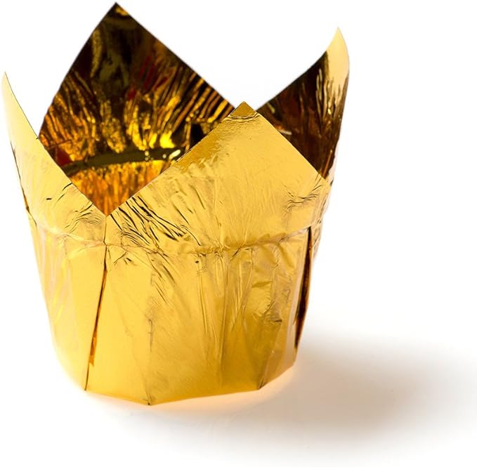Restaurantware 4 Ounce Petal Baking Cups 200 Grease Resistant Tulip Cupcake Wrappers - Tulip Shaped Oven Safe Gold Paper Disposable Cupcake Liners For Parties and Weddings Mini