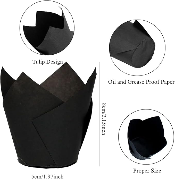 200 Pieces Tulip Cupcake Muffin Liners Greaseproof Paper Baking Cups Cupcake Wrappers for Birthday Wedding Party Baby Showers Catering Restaurants(Black)