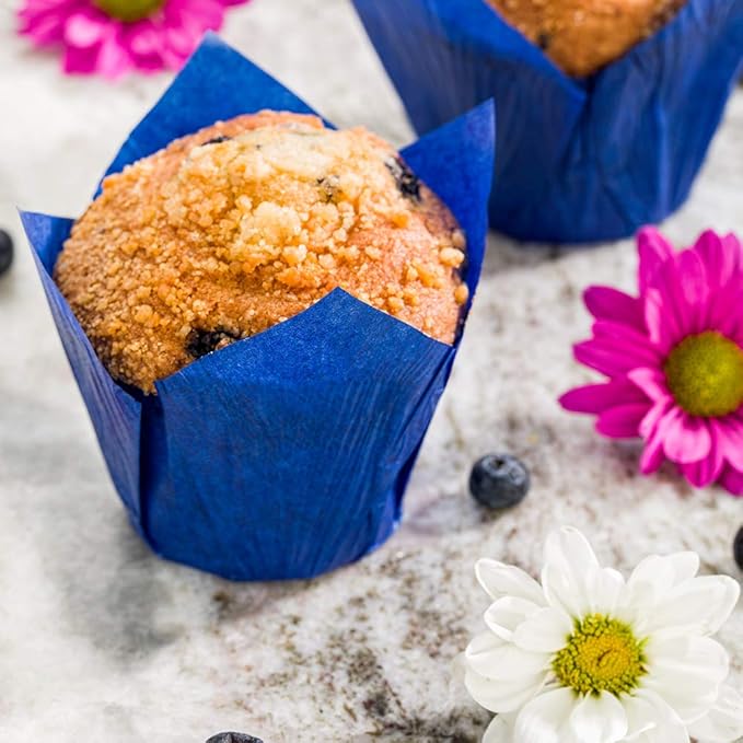 Restaurantware Panificio Premium 4 oz Blue Paper Tulip Baking Cup Paper Baking Cups Perfect for Muffins Cupcakes or Mini Snacks - Greaseproof - Disposable and Recyclable - 200ct Box