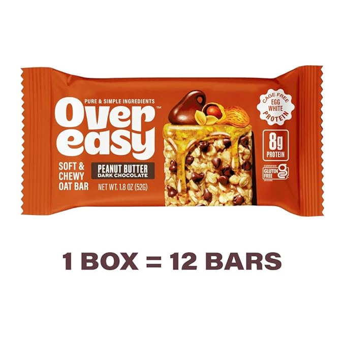 Over Easy Peanut Butter Dark Chocolate Soft and Chewy Oatmeal Breakfast Bars - Granola and Protein Bars - 12 Energy Snack Bars - Clean, Gluten Free, Dairy Free, Soy Free and Kosher