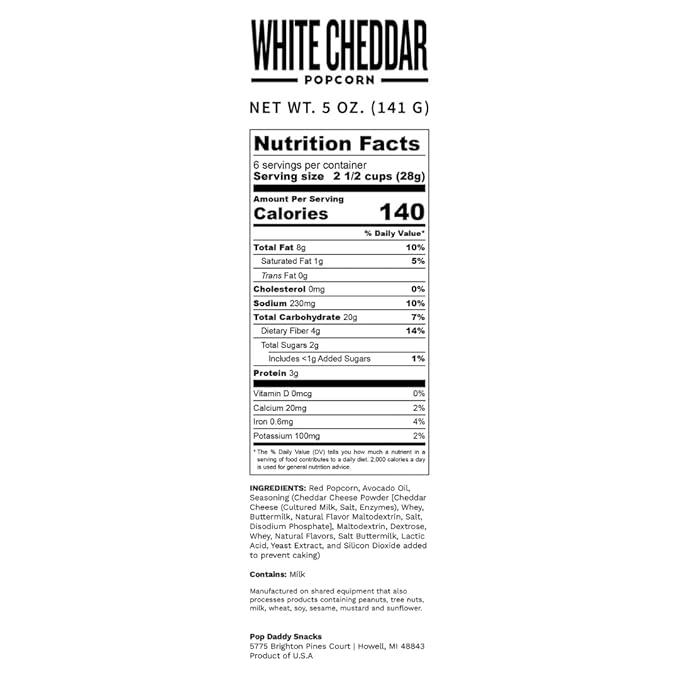 Pop Daddy Flavored Popcorn Gourmet, White Cheddar Flavor Popped Popcorn, Hand Seasoned Ruby Red Kernels, Gluten Free Healthy Popcorn Snacks, 6oz Individual Bags, 3 Pack