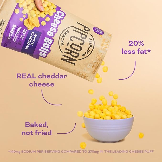Heirloom White Cheddar Cheese Balls by Pipcorn - 4.5oz 6pk - Healthy Snacks, Gluten Free, Heirloom Corn, Baked not Fried