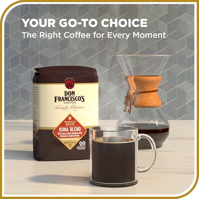Don Francisco's Kona Blend Whole Bean Coffee, Medium Roast ??100% Arabica,18 oz Bag, Premium Coffee for Drip, Pour Over & French Press
