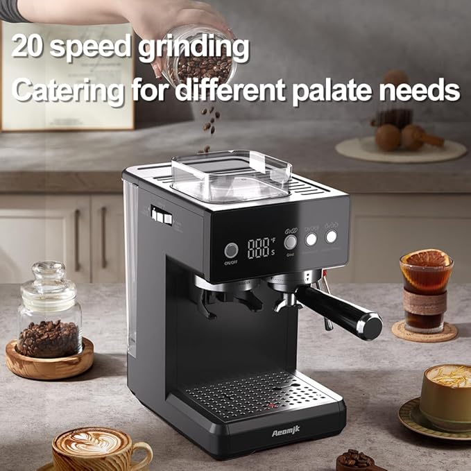 espresso machine,Grinding Semi-Automatic Coffee Machine, Temperature, Time Display, with Steam Wand for Milk Froth, Easy to Operate Espresso Machine, Can Make Espresso, Latte, Cappuccino