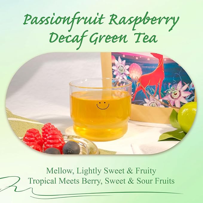 WT WEETEE Decaf Passionfruit Raspberry Green Tea, 100 Count Passion Fruit Raspberry Flavored Decaffeinated Green Tea Bags, CO2 Decaffeination
