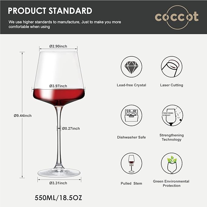 Wine Glasses Set of 6,Crystal White Wine Glasses,Red Wine Glass Set,Long stem Wine Glasses,Clear Lead-Free Premium Blown Glassware (18.5oz,6 pack)