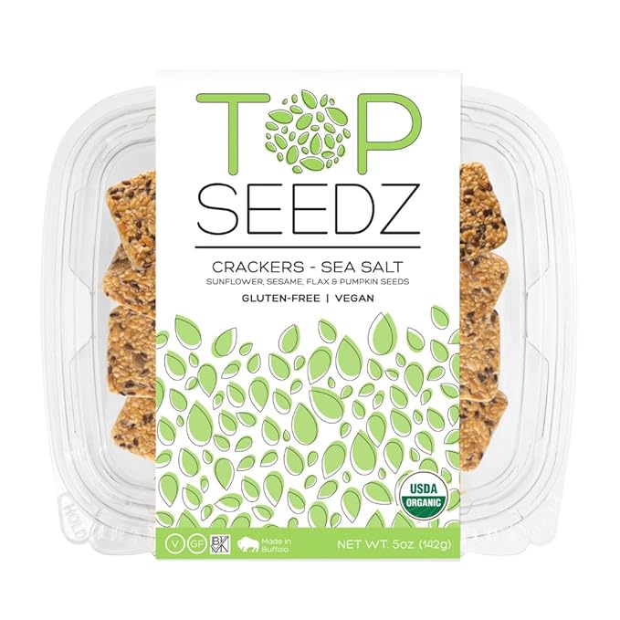 Top Seedz Certified Organic Gluten Free Sea Salt Seed Crackers | 6-Pack | 5 Ounces | Healthy Vegan Crackers with Plant Based Protein | Made of Sunflower, Flax, Sesame and Pumpkin Seed
