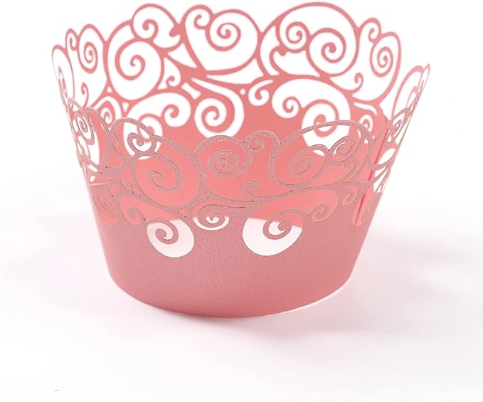 Cupcake Wrappers, KPOSIYA 50 Pack Cupcake Wraps Filigree Artistic Bake Cake Paper Cup Little Vine Laser Cut Liner Baking Cups Muffin Case Trays for Wedding Party Birthday Decoration (50, Pink)