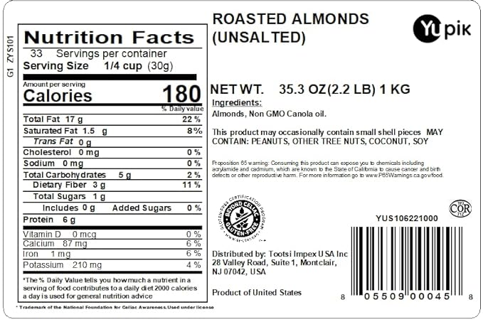 Yupik Roasted Unsalted Almonds, 2.2 lb (35.2 oz), Gluten-free, Kosher, Vegan, Whole Nuts, No Added Salt, Lightly Roasted, Crunchy, Source of Fiber, Healthy Snacks