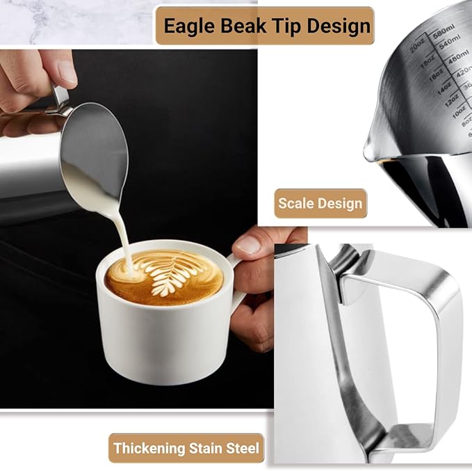 Milk Frothing Pitcher, 350ml/600ml (12oz/20oz) Milk Frother Cup Stainless Steel Jug Steaming Pitcher, Milk Coffee Cappuccino Latte Art Barista Steam Pitchers Milk Jug Cup with Decorating Pen