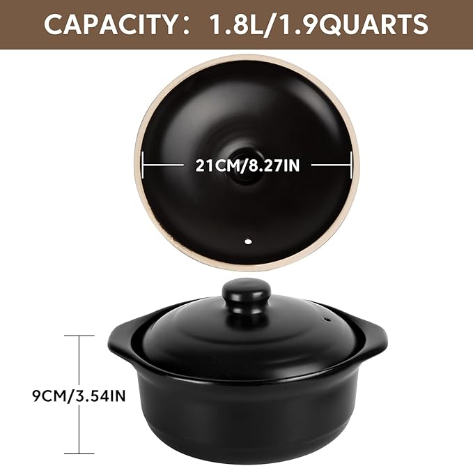 Ceramic Pots with Lid Cookware StockPot Clay Pot for Cooking (Black, 1.9 Quart)