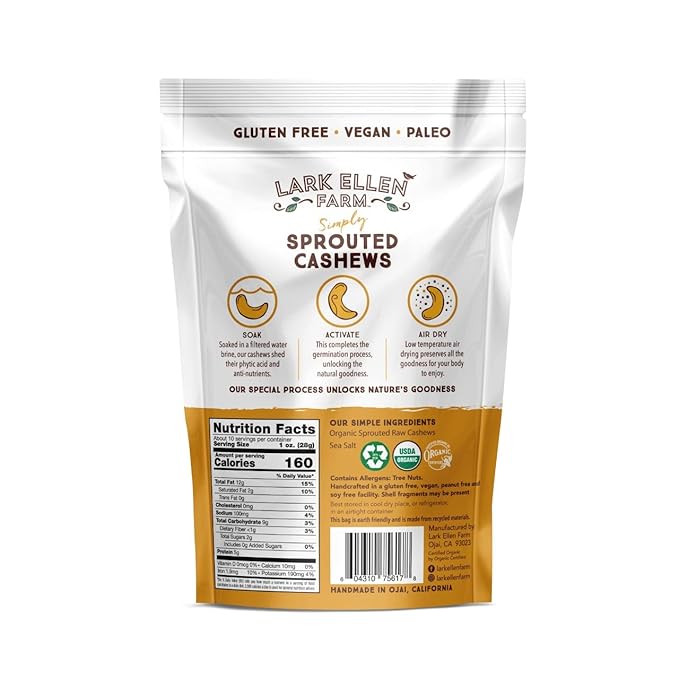 Lark Ellen Farm Sprouted Organic Certifed Cashews Unsalted - 10 oz Bag, Non GMO, Keto Snacks, Paleo, Gluten Free, Vegan, Organic, Plant Based, High Protein, Low Glycemic Index, Peanut Free Facility??,<div>