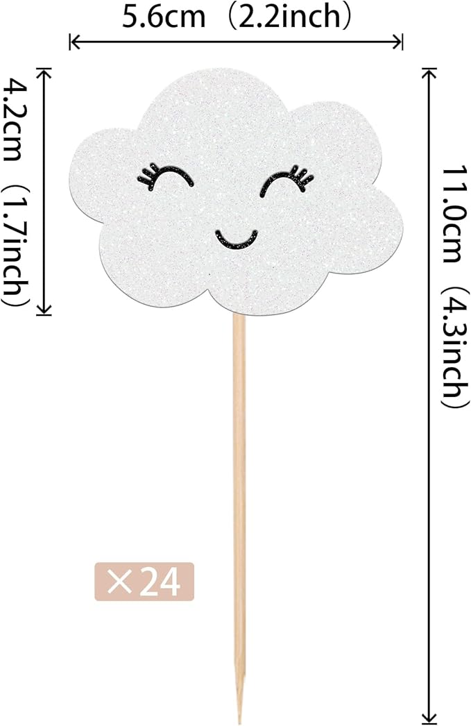 24 PCS White Cloud Cupcake Toppers Glitter Smile Clouds Cupcake Picks Cloud Cake Decorations for Clouds Theme Baby Shower Birthday Party Cake Decorations Supplies