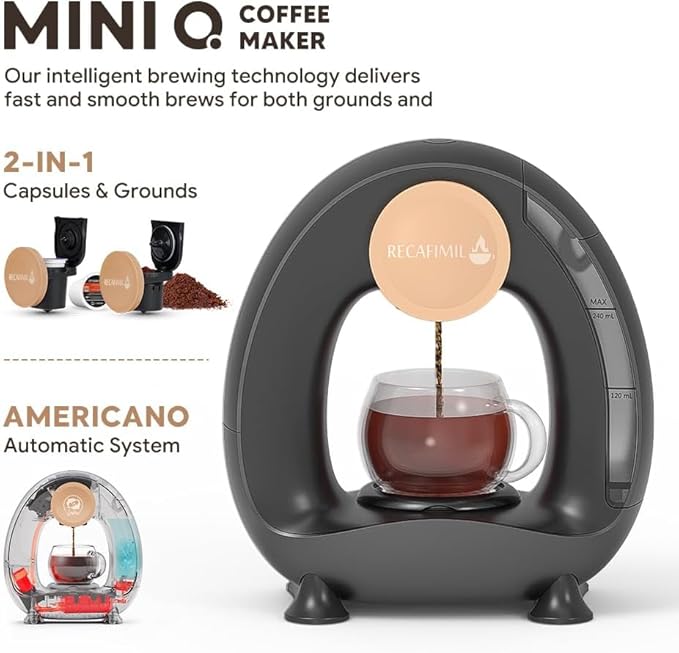 MINI Q 2-in-1 Single Serve Coffee Maker - Brew K-Cups or Ground Coffee (4-8 oz) - Compact Americano Coffee Brewer with Reusable Filter (Black)