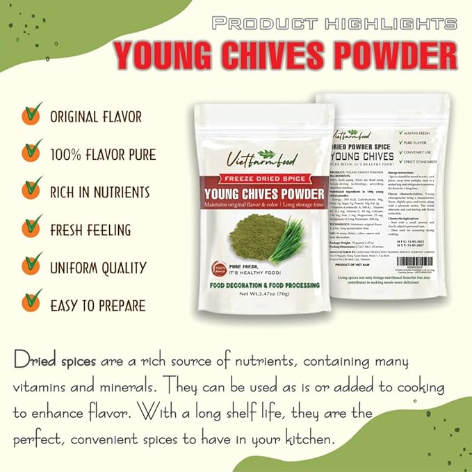 YOUNG CHIVES POWDER 2.47 Oz (70g) VIETFARMFOOD: Pure, natural freeze-dried spice made from real vegetables and fruits - perfect for enhancing every meal, from cooking, baking, salads, soups, sauces