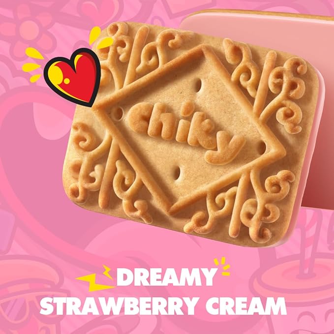 Chiky Strawberry Fudge Cookies, Crunchy & Sweet, Smooth Cream Center, Crispy Texture That Melts In Every Bite, 16.9 ounces, 1 Box contains 3 Bags, each with 12 Individual Packs.