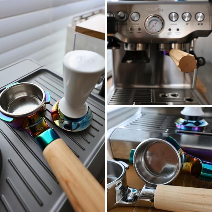 For Days 54mm Flat Base Bottomless Naked Portafilter Intended for Breville Espresso Machines, Includes Filter Basket, Wood Handle, Plastic Handle, Stainless Steel (Rainbow)