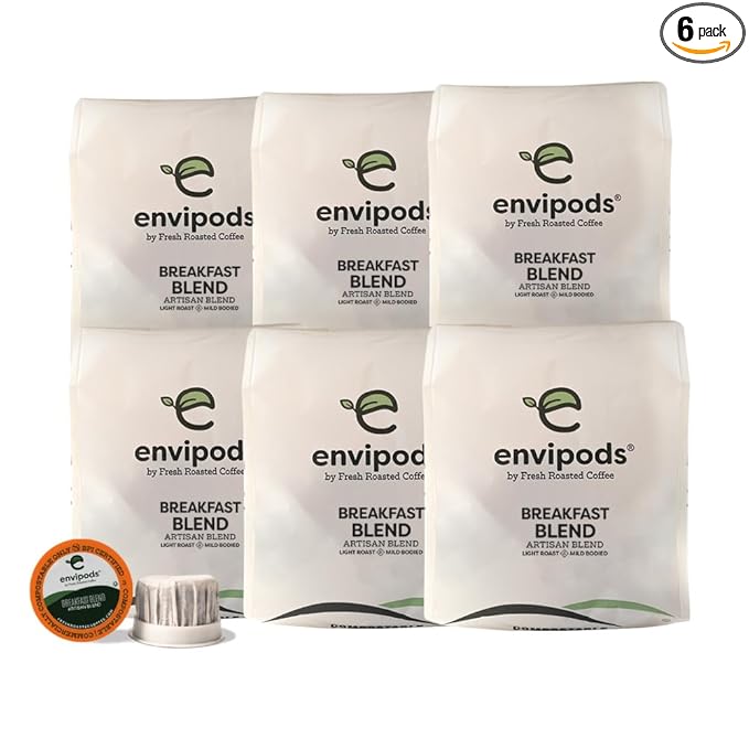 Fresh Roasted Coffee, Breakfast Blend Compostable envipods, Light Roast,Kosher, 72 Count, for Keurig K Cup Brewers | Not for use in Ninja or Hamilton Beach Brewers