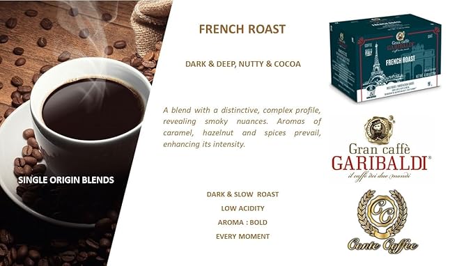 Caffè Garibaldi French Roast Coffee Pods, Single-Serve Capsules for Keurig K-Cup Brewers, Single Serve Cups with Arabica Blend for Coffee Makers, 72 Count Recyecleable Pods - Dark Roast