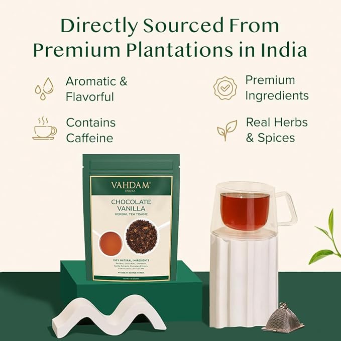 VAHDAM Chocolate Vanilla Herbal Tea (3.5 oz, 50+ Cups) | Rooibos, Chocolate, Vanilla | Loose-Leaf, Vacuum Sealed for Freshness
