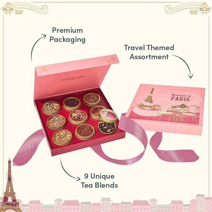 VAHDAM, Weekend in Paris Tea Gift Set - 9 Assorted Teas | Travel Edition Gift Box | Natural Ingredients Luxury Tea Set | Gluten Free, Non-GMO